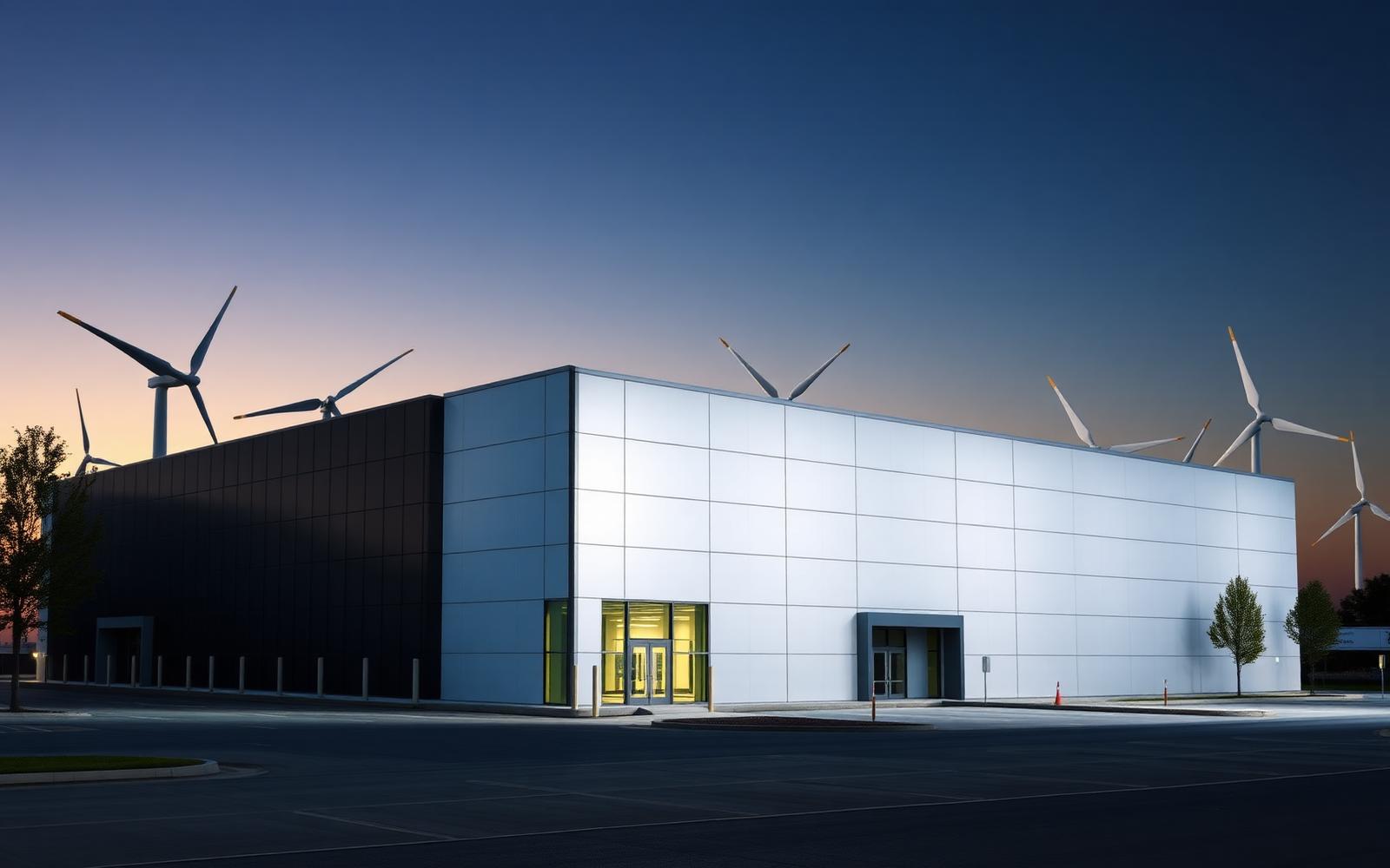 Hyperscale data center beside wind turbines