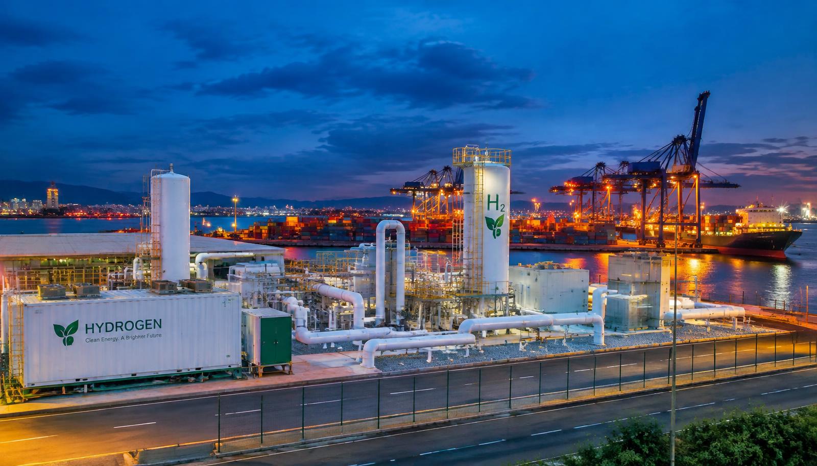 Green hydrogen facility beside a container port in an emerging market at dusk