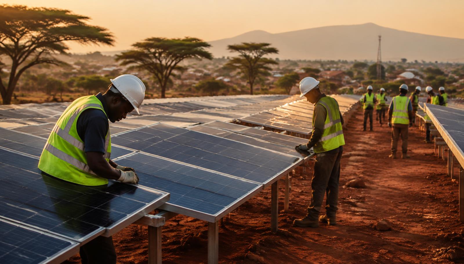 Solar deployment with local technicians in an emerging market at golden hour